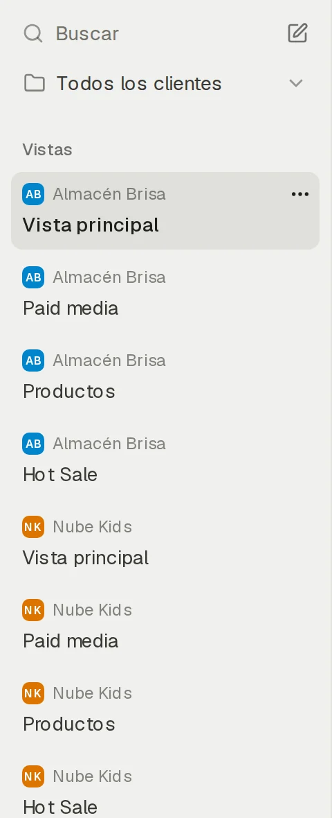 La lista de vistas guardadas: cuatro por cliente.